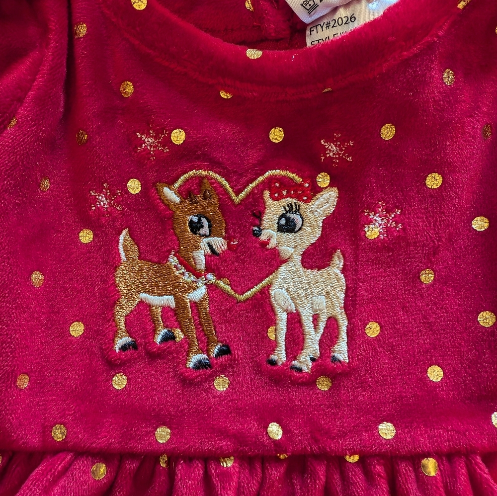 NWT! Baby Girl's Rudolph The Red Nosed Reindeer Soft Velour Christmas Dress Set - Picture 2 of 11